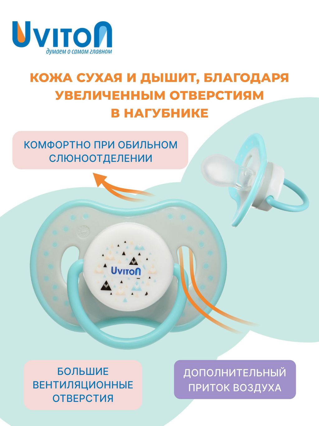 Uviton Пустышка ортодонтическая силиконовая, 6-12 месяцев, 0230/02, бирюзового цвета, 2 шт.